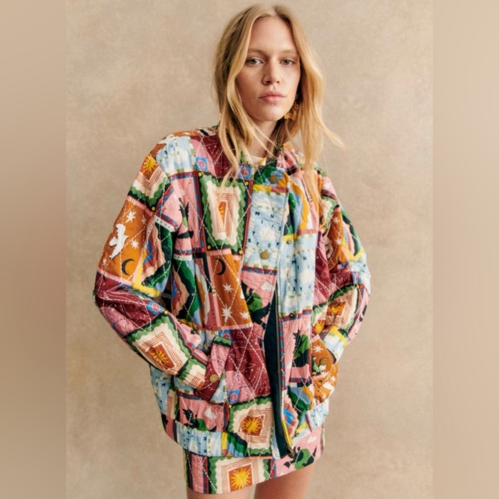 Sezane x Pangea Richie Multicolor Patchwork Bomber Jacket Size 6 or 38